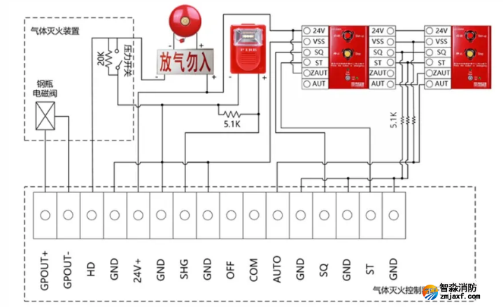 LD5503EN、LD5506EN氣體滅火控制器、LD5505EN中繼模塊接線圖